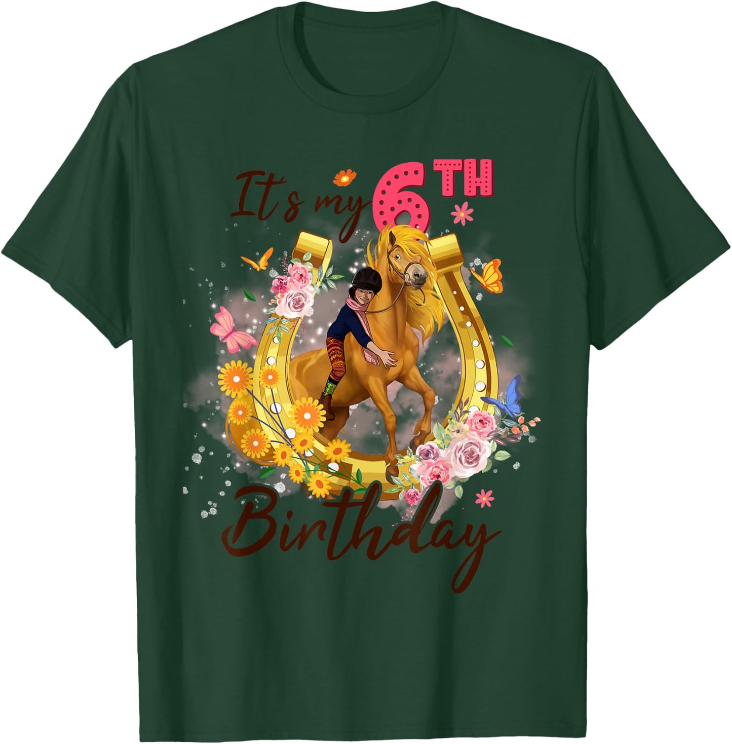 Kids Six Year Old 6th Birthday Girl Who Loves Horses Riding T-Shirt - T-Shirt | Forest