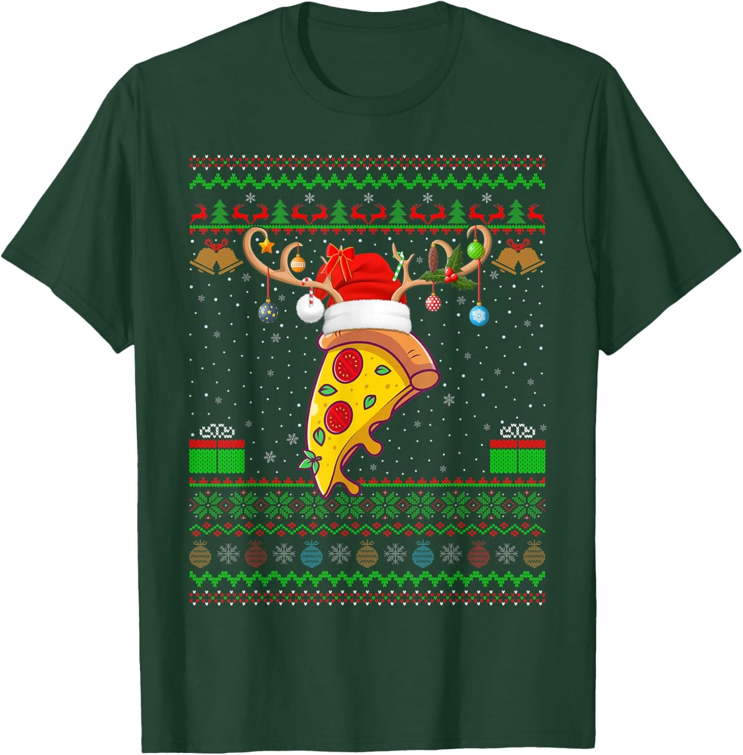 Pizza Lover Xmas Lighting Santa Ugly Pizza Christmas T-Shirt - T-Shirt | Forest