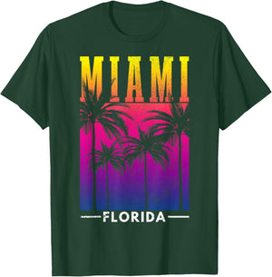 Miami Florida Retro Vintage Sunset Palm Trees Surfer Gift T-Shirt - T-Shirt | Forest