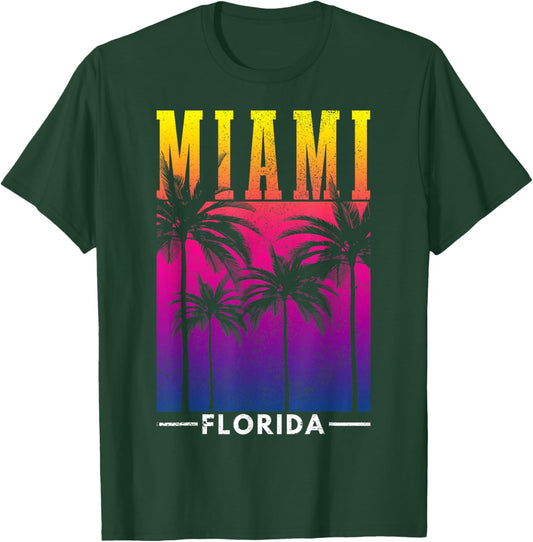 Miami Florida Retro Vintage Sunset Palm Trees Surfer Gift T-Shirt - T-Shirt | Forest