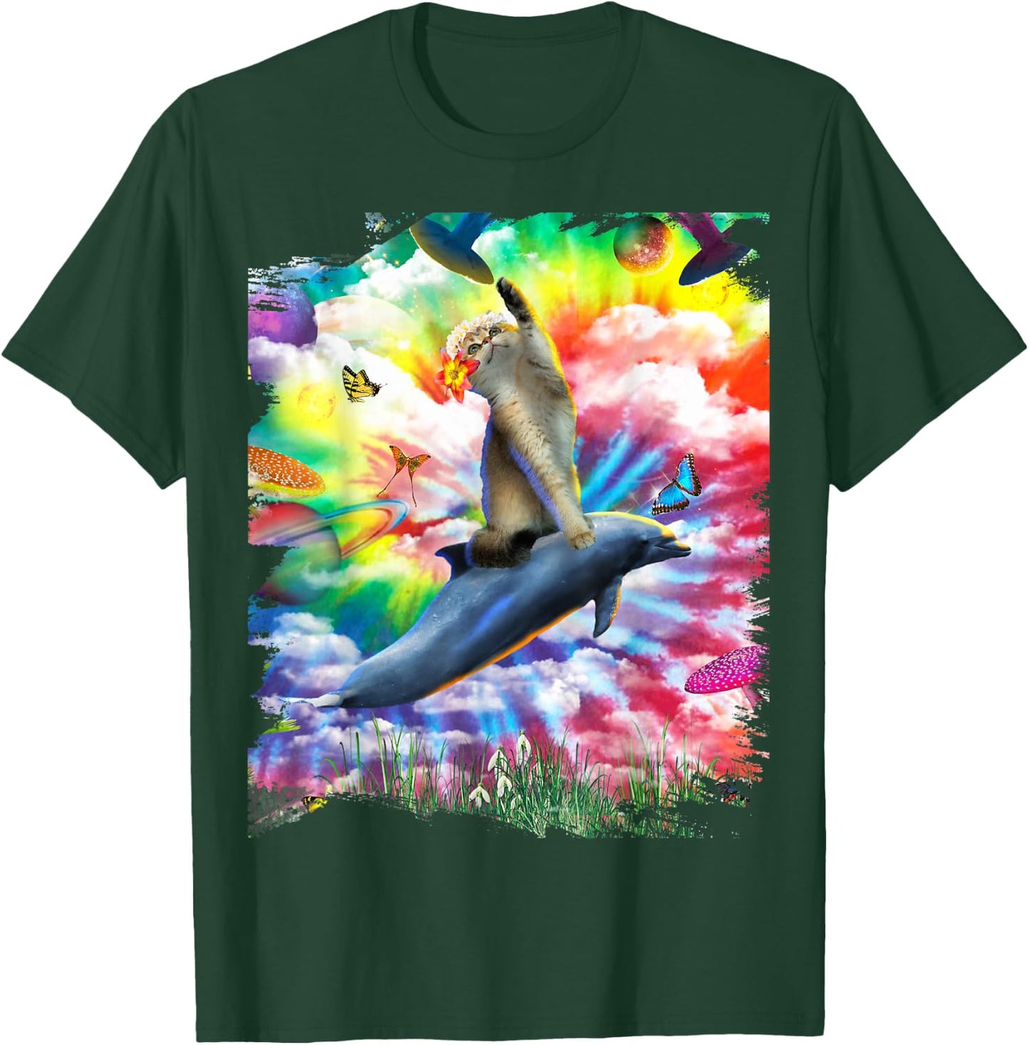 Cat Riding Dolphin Trippy Tie Dye T-Shirt - T-Shirt | Forest