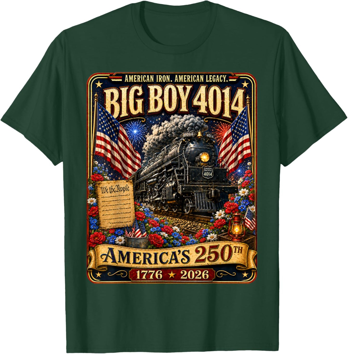 Vintage Big Boy 4014 Train 4th of July Retro US Flag T-Shirt - T-Shirt | Forest