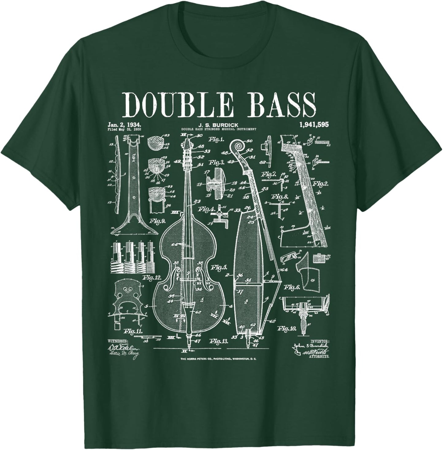 Double Bass Player Bassist Musical Instrument Vintage Patent T-Shirt - T-Shirt | Forest