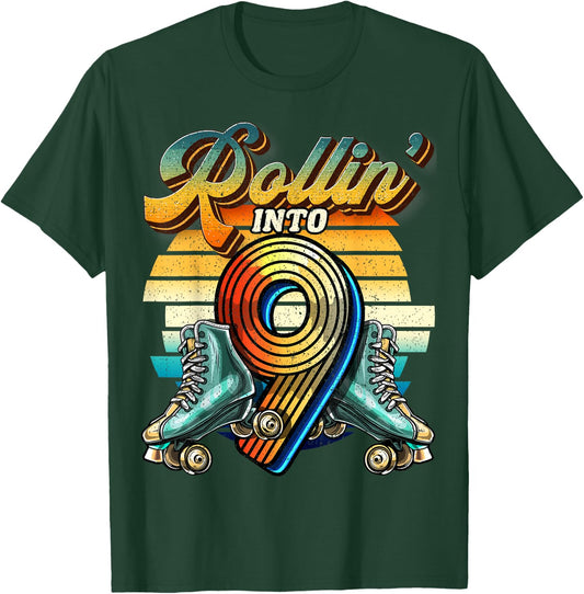 Rollin' into 9 Roller Skating Rink 9th Birthday Party Girls T-Shirt - T-Shirt | Forest