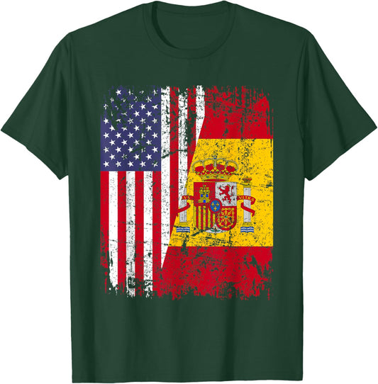 Spanish Roots | Half American Flag | USA Spain Flag T-Shirt - T-Shirt | Forest