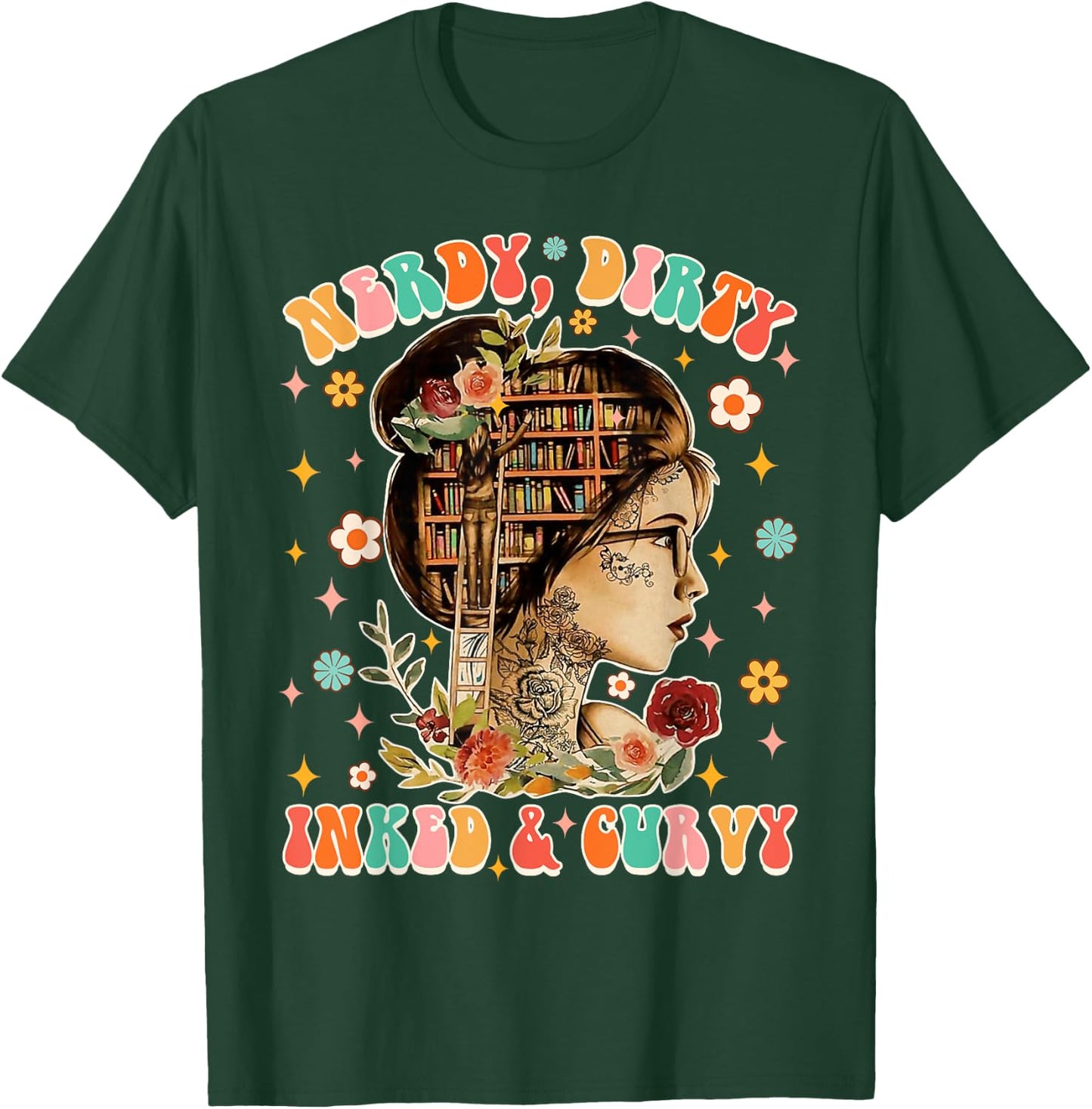 Nerdy Dirty Inked & Curvy Tattoo Lover Reading Book Bookish T-Shirt - T-Shirt | Forest