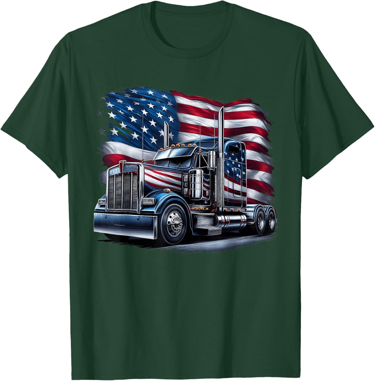 Semi Truck Driver US Trucker USA Flag Patriotic 4th of July T-Shirt - T-Shirt | Forest