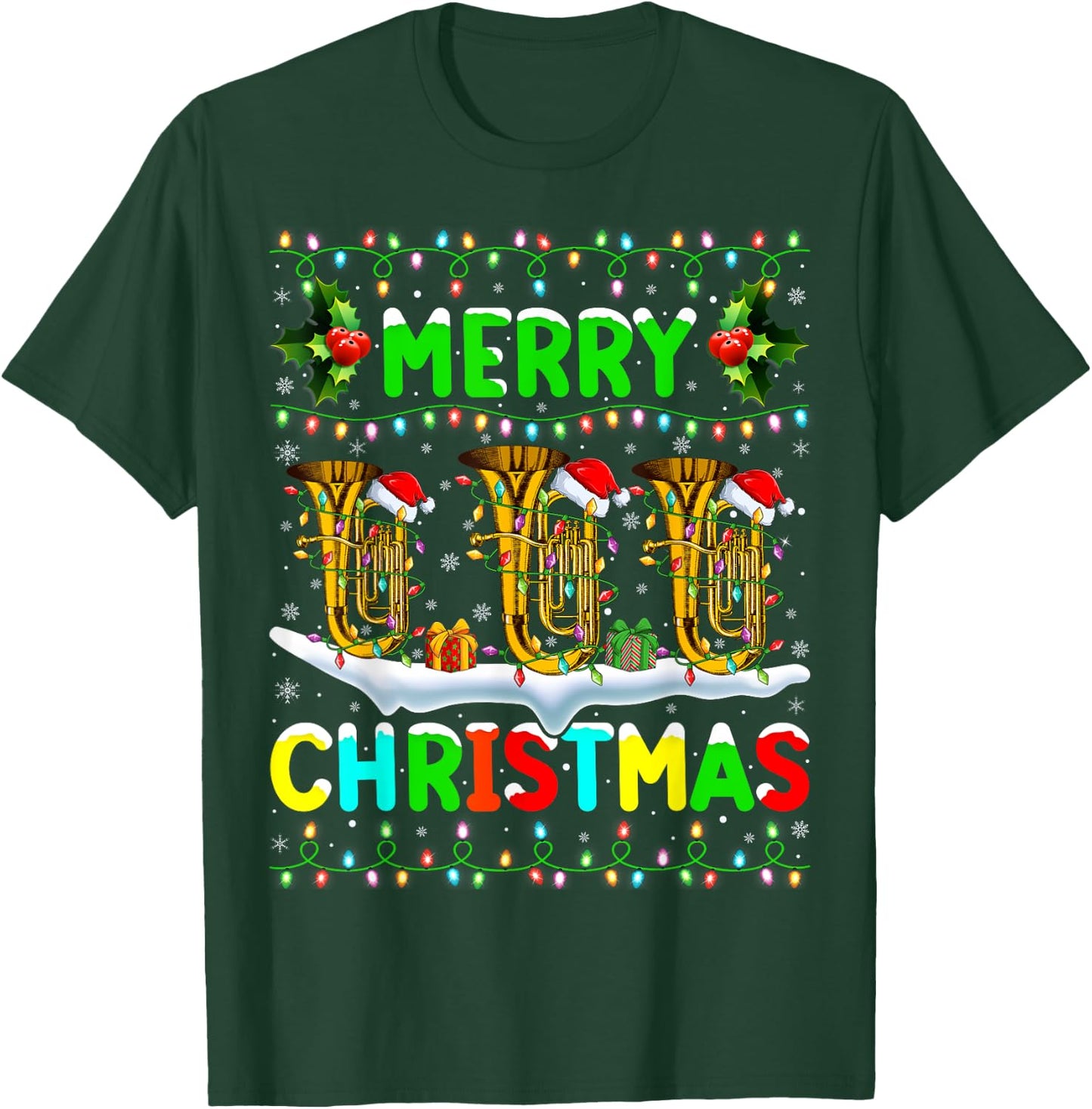 Xmas Tuba Lighting Santa Hat Merry Christmas Tuba T-Shirt - T-Shirt | Forest