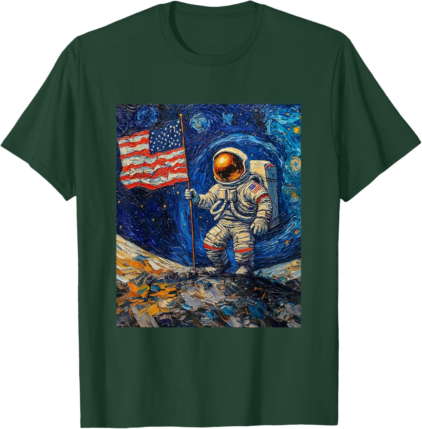Astronaut on Moon Van Gogh Style Starry Night Graphic T-Shirt - T-Shirt | Forest