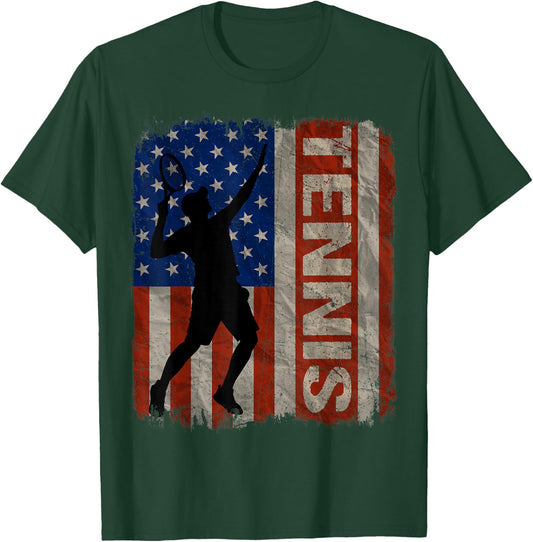 Tennis USA American Flag Vintage 4th Of July Gift Women Kids Men T-Shirt - T-Shirt | Forest