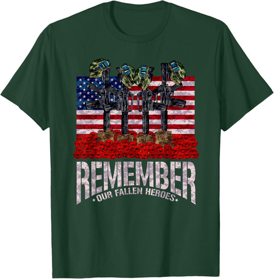 Remember Fallen Heroes Poppy Memorial Day Veteran Soldier T-Shirt - T-Shirt | Forest
