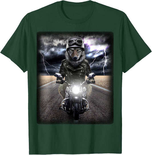 Mean Biker Wolf Cruising on Motorcycle in Highway T-Shirt - T-Shirt | Forest