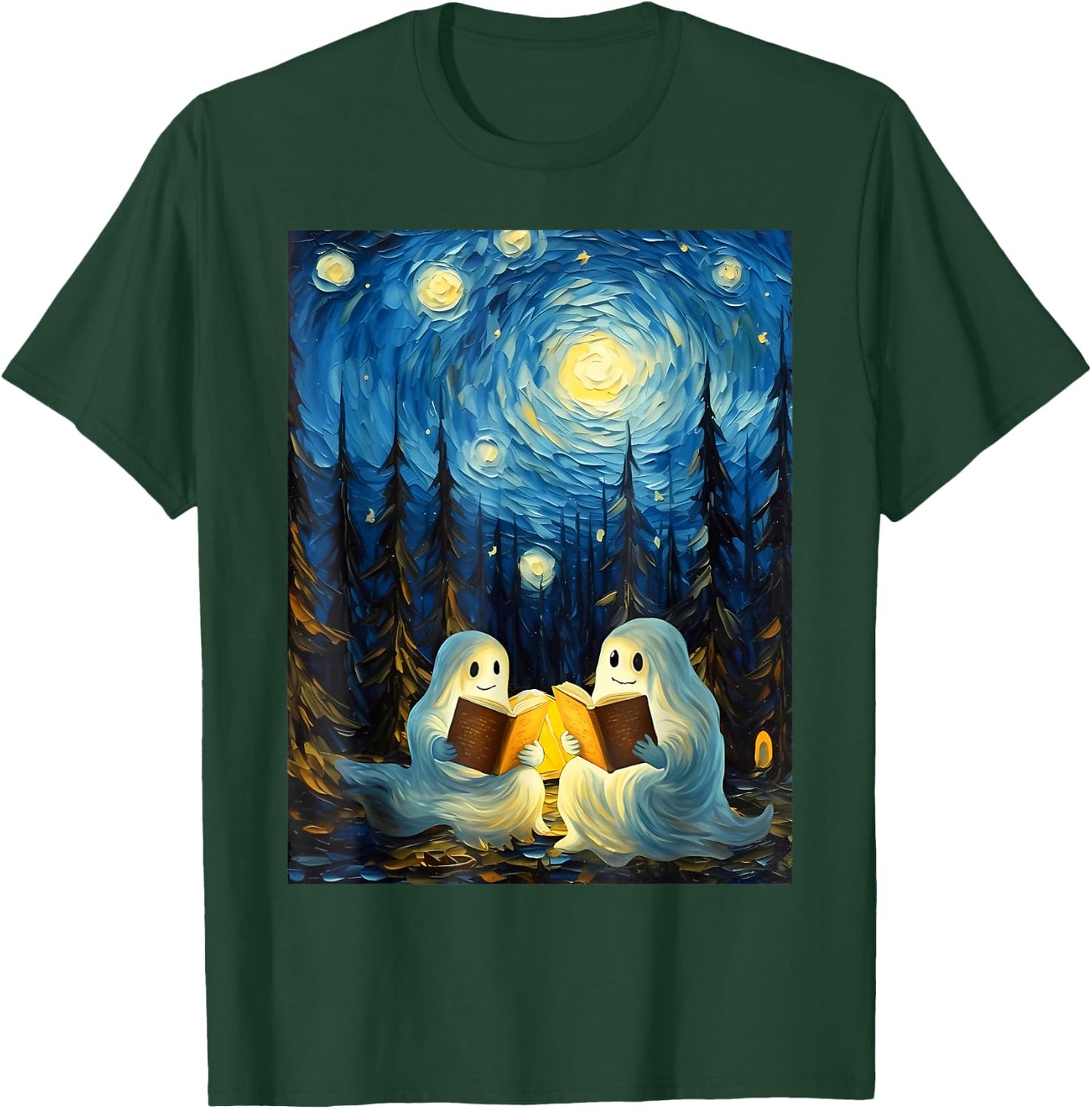 Van Gogh Starry Night Ghost Book Reading Camping Halloween T-Shirt - T-Shirt | Forest