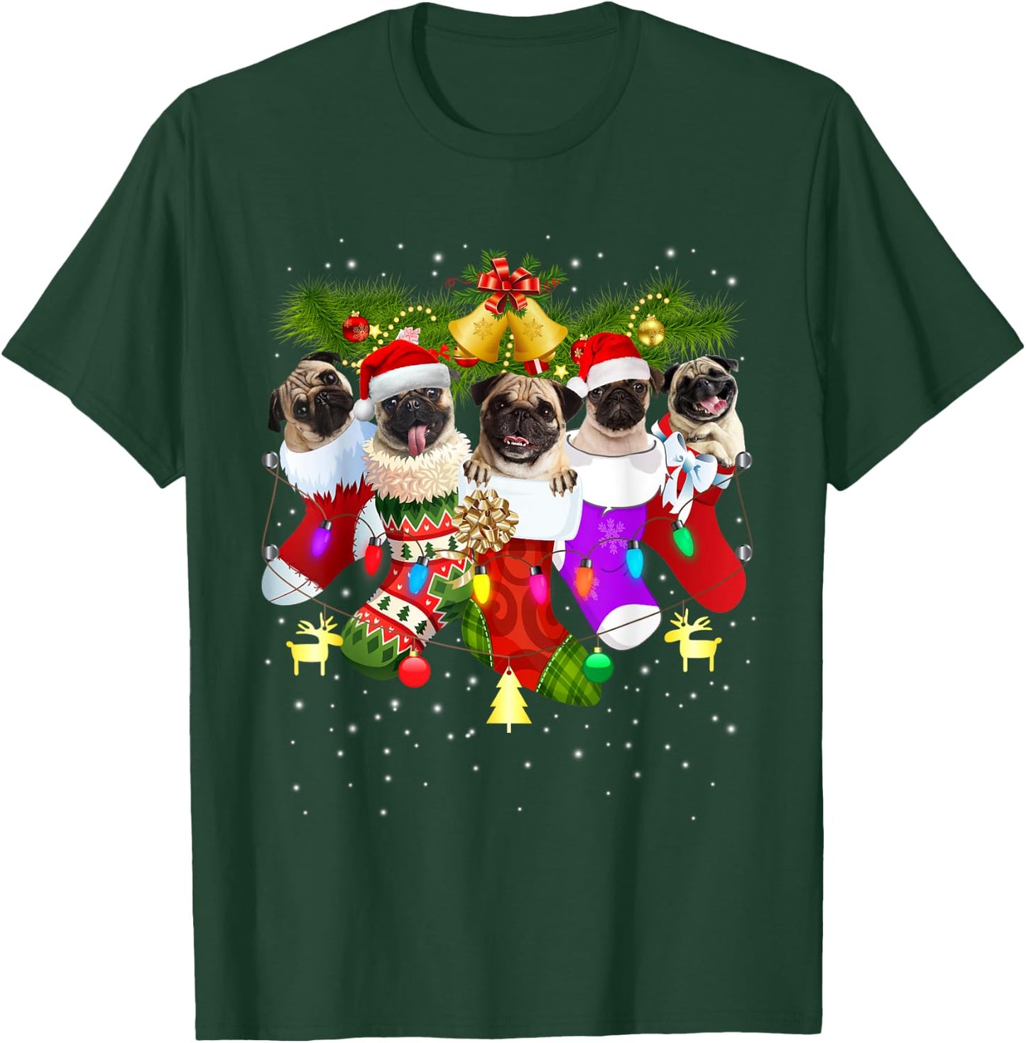 Santa Pugs in Christmas Socks Funny Xmas Dog Lover Pug Mom T-Shirt - T-Shirt | Forest