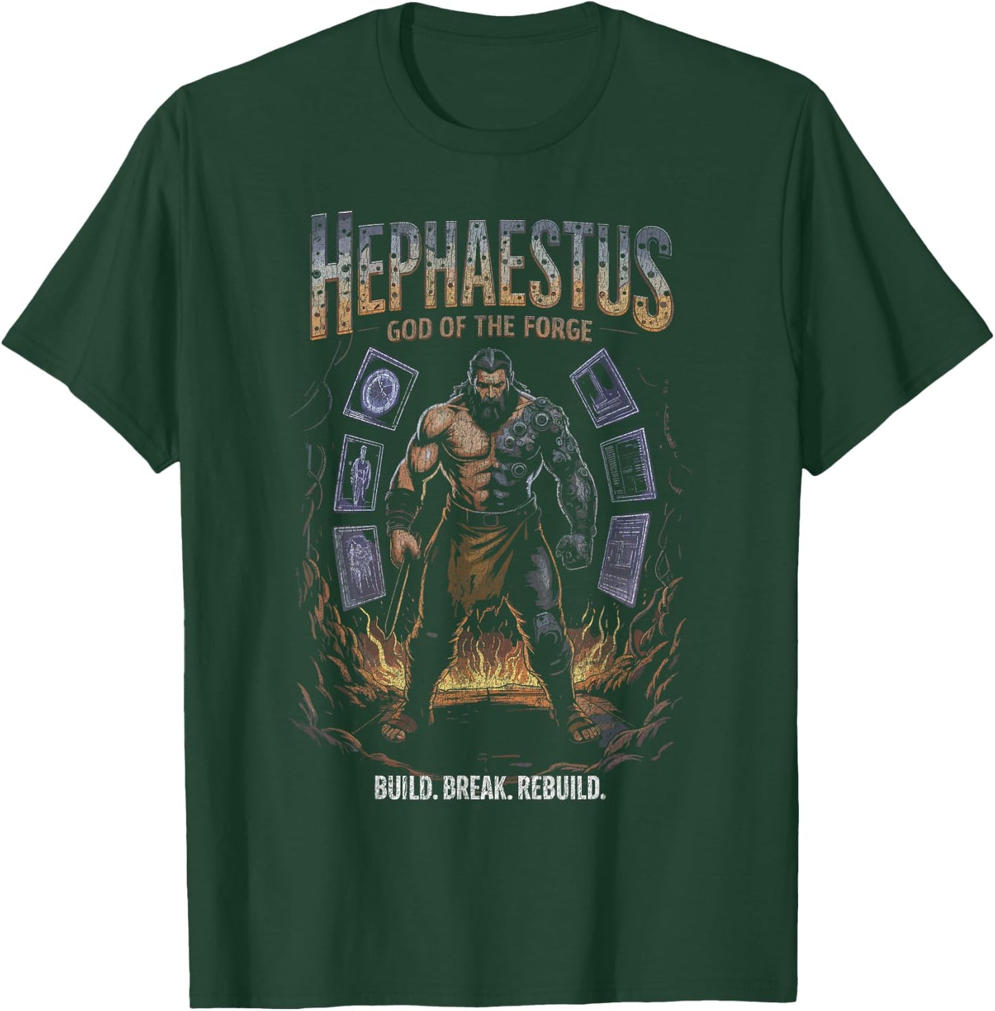 Hephaestus Cyber Arm God of the Forge Build Power Flames T-Shirt - T-Shirt | Forest