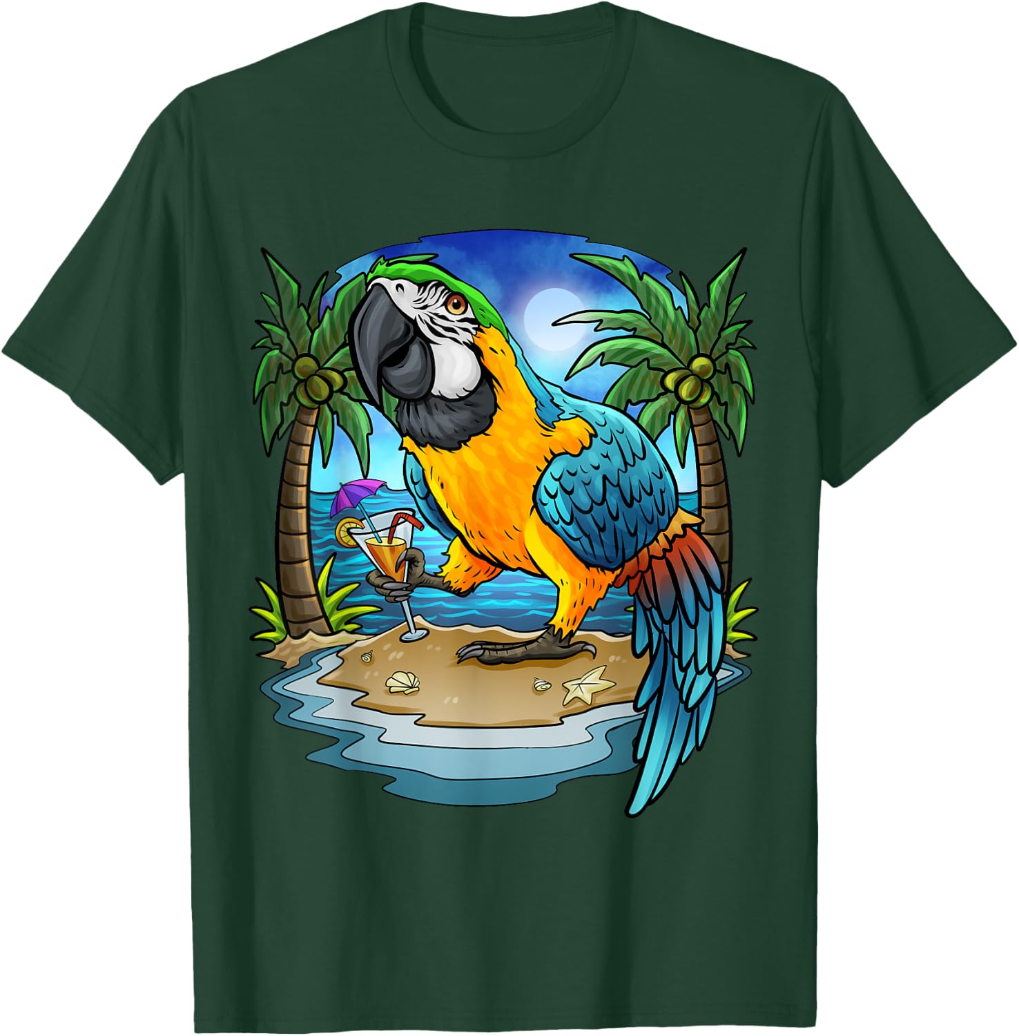 Blue and Gold Macaw Parrot Drinking Margaritas Vacation Bird T-Shirt - T-Shirt | Forest