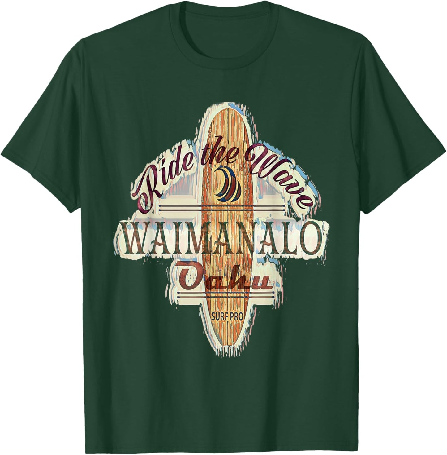 Surfing, Surfboard, Distressed Longboard Waimanalo Oahu T-Shirt - T-Shirt | Forest