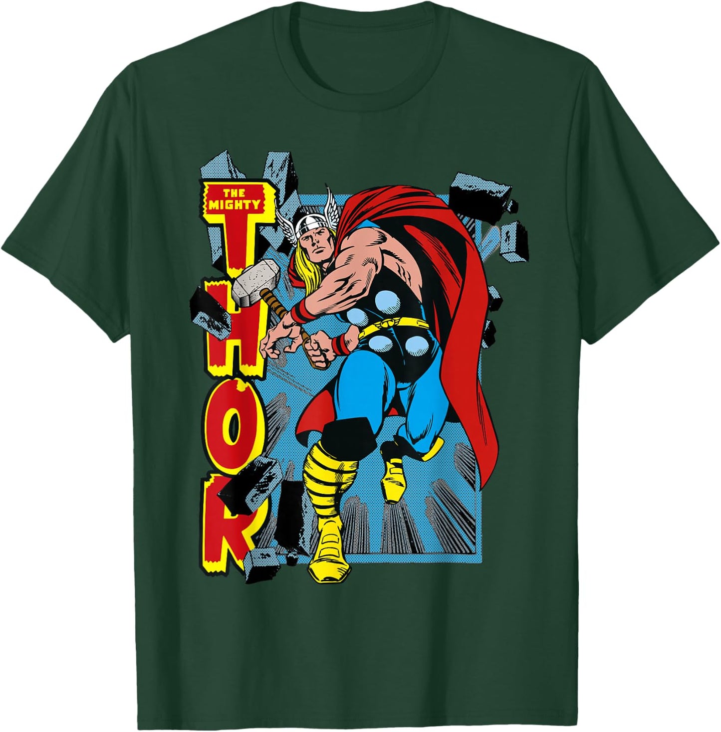 Marvel Classic The Mighty Thor Break Through Poster Style T-Shirt - T-Shirt | Forest
