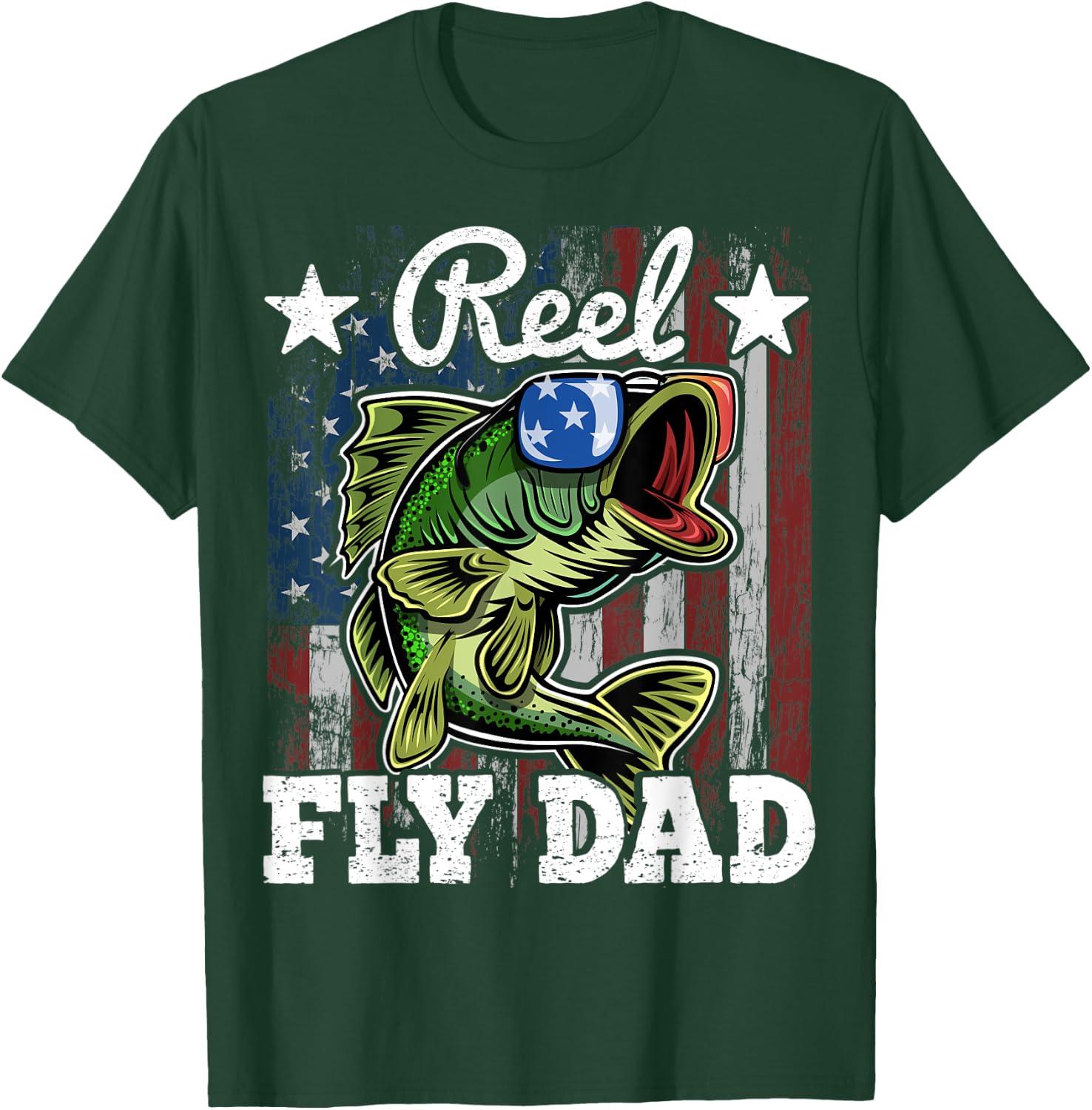 Reel Fly Dad Fishing American Flag Funny Father's Day Gift Men T-Shirt - T-Shirt | Forest