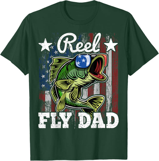 Reel Fly Dad Fishing American Flag Funny Father's Day Gift Men T-Shirt - T-Shirt | Forest