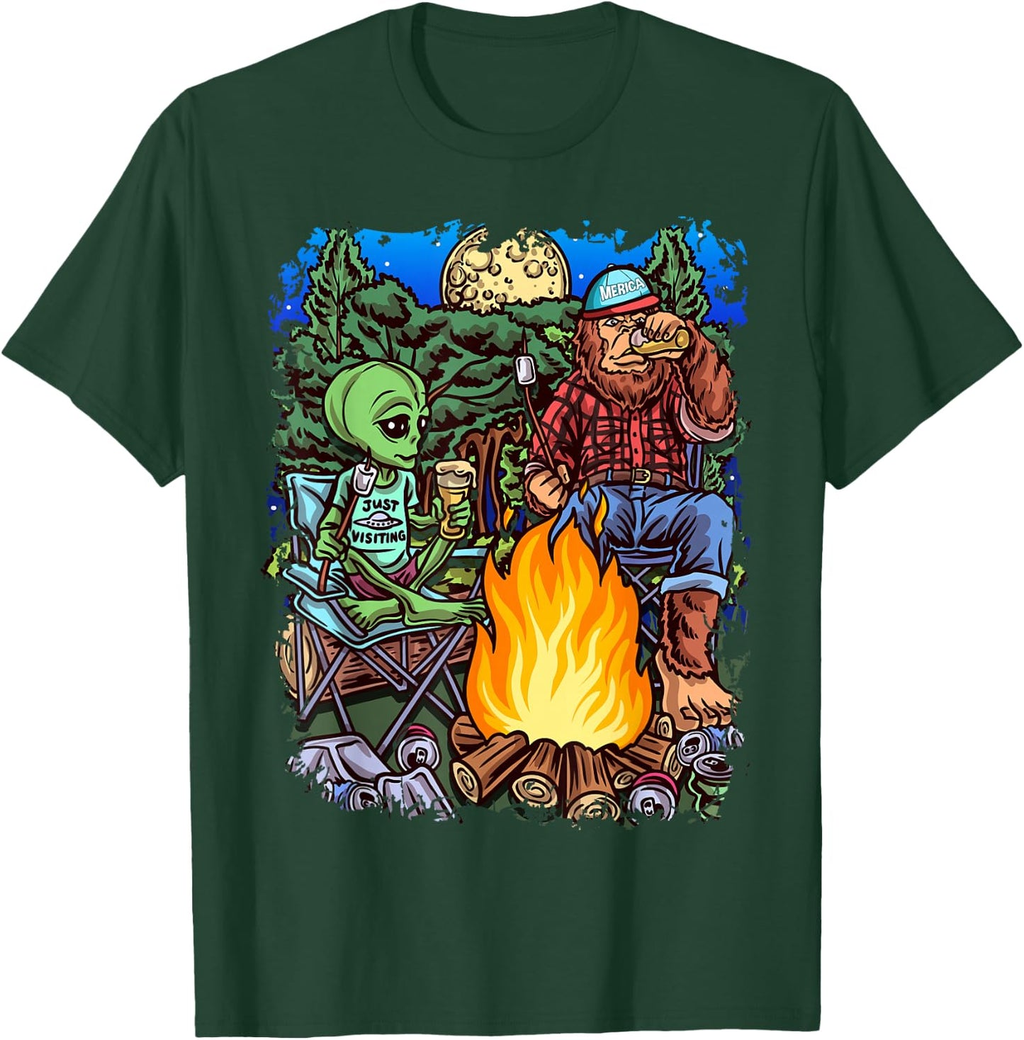 Funny Alien Camping Bigfoot Sasquatch Lumberjack Black Cotton Polyester , Men's Small, Short Sleeve, , Classic Fit, All Seasons, Imported T-Shirt - T-Shirt | Forest