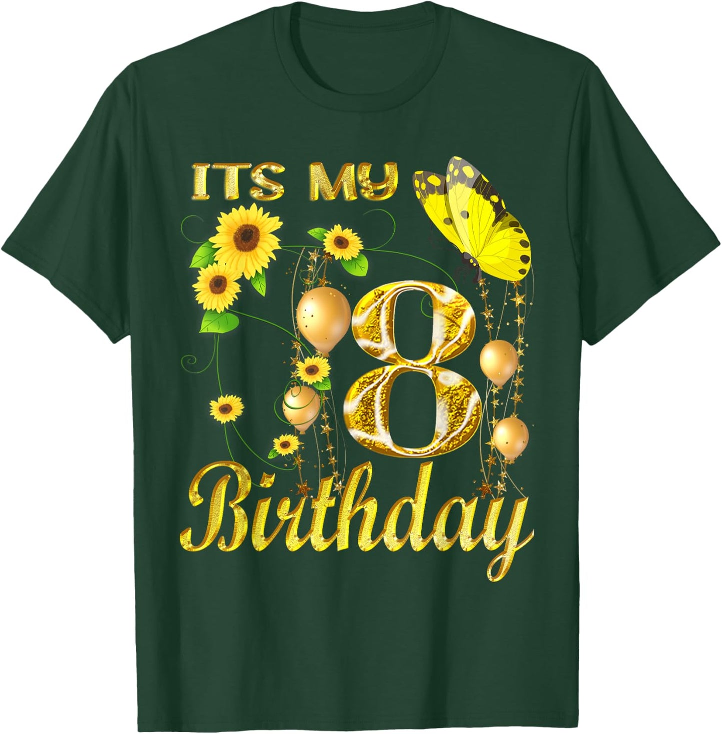 Its My 8th Birthday 8 Year Old Girl Sunflower Butterfly T-Shirt - T-Shirt | Forest