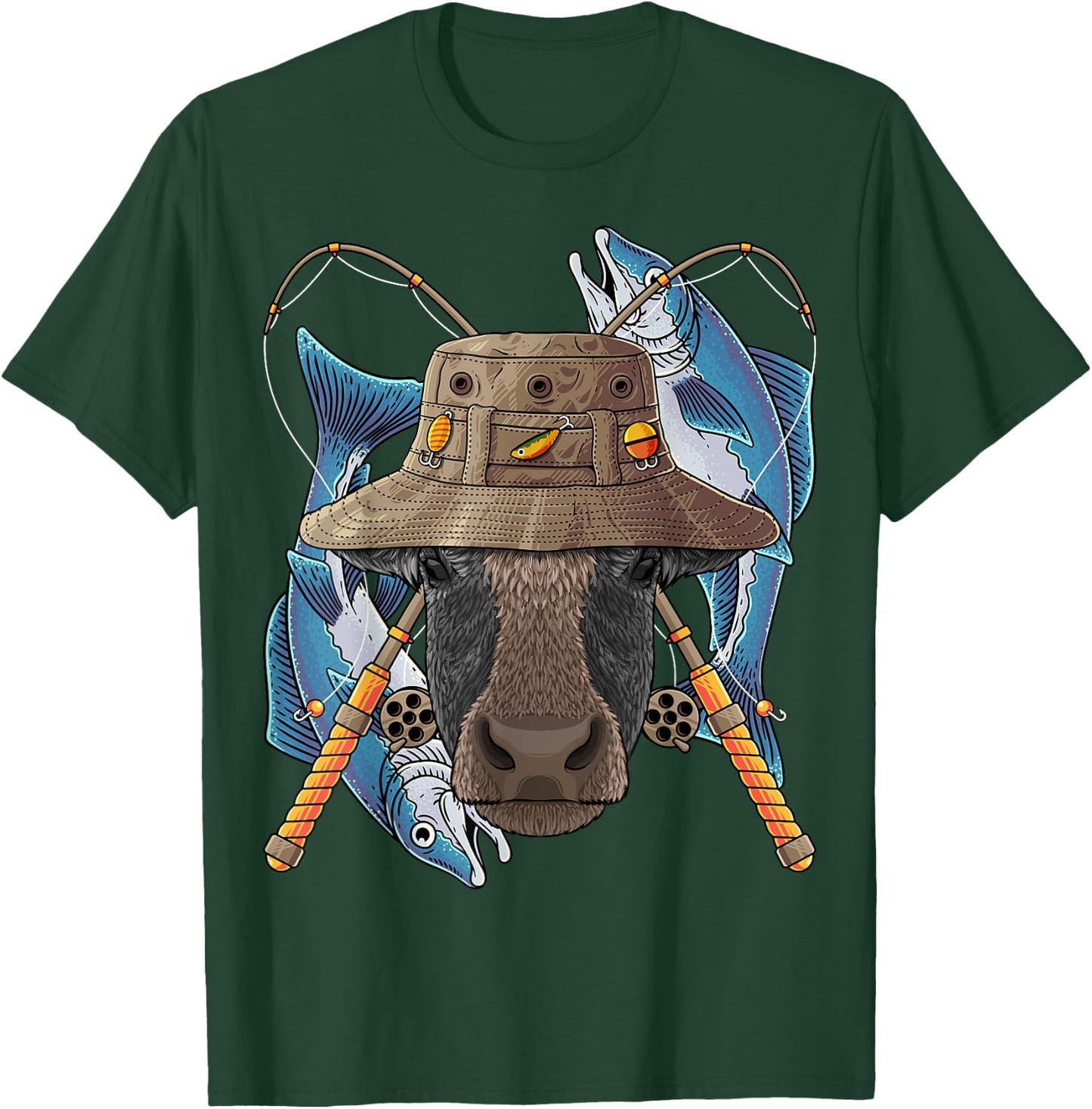 Fishing Cow Outdoor Fisherman Farm Animal Cute Fly Fishing T-Shirt - T-Shirt | Forest