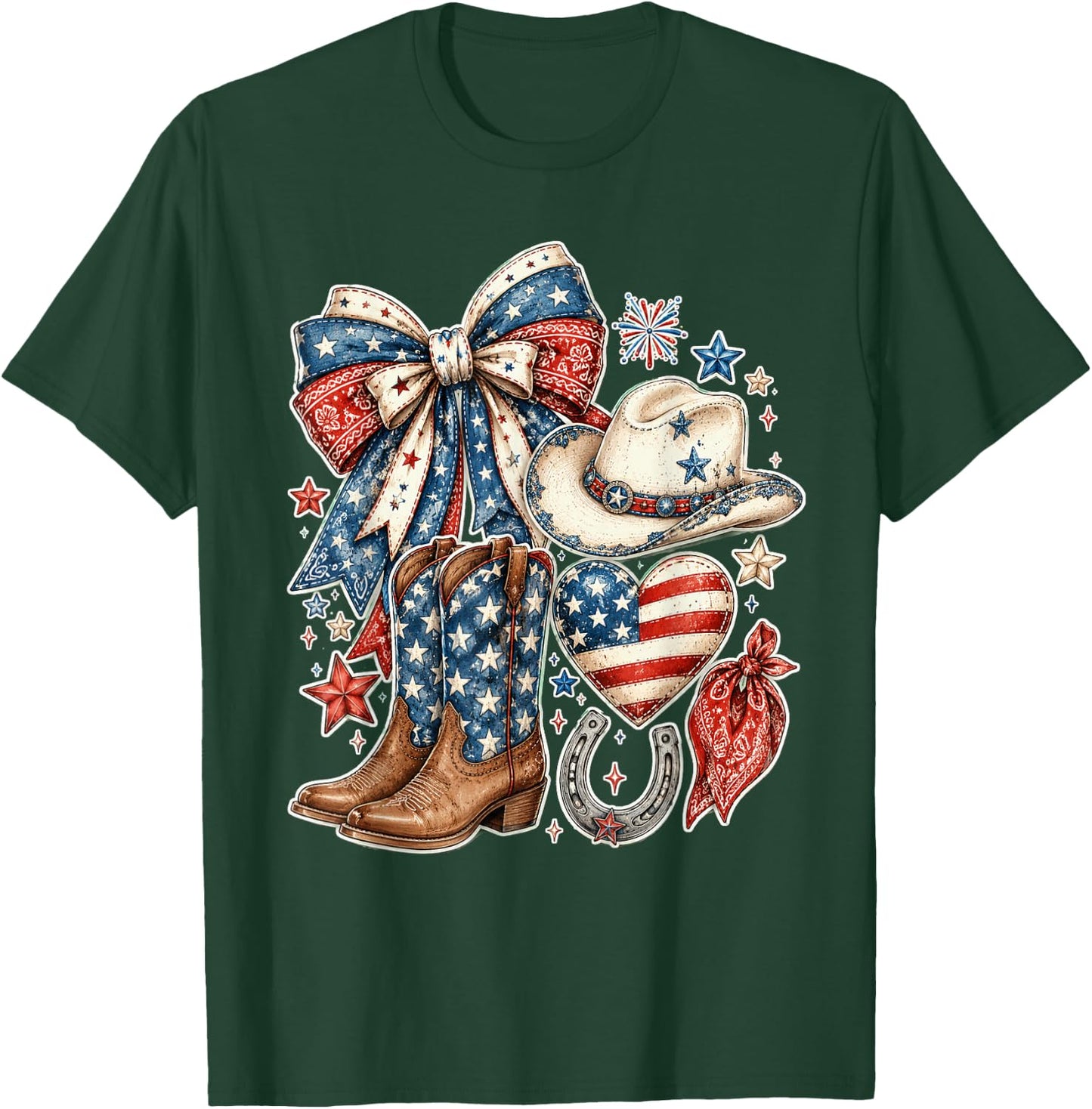 Western American Flag Farm Patriotic Cowgirl 4th of July T-Shirt - T-Shirt | Forest
