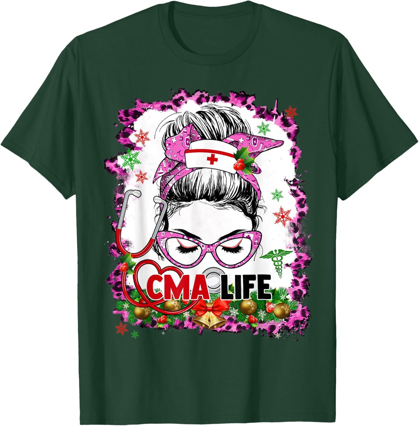 Messy Bun Mom CMA Life Funny Nursing Christmas Pajamas T-Shirt - T-Shirt | Forest