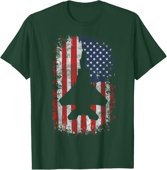 F-22 Raptor Fighter Jet Silhouette USA Flag F-18 Plane T-Shirt - T-Shirt | Forest