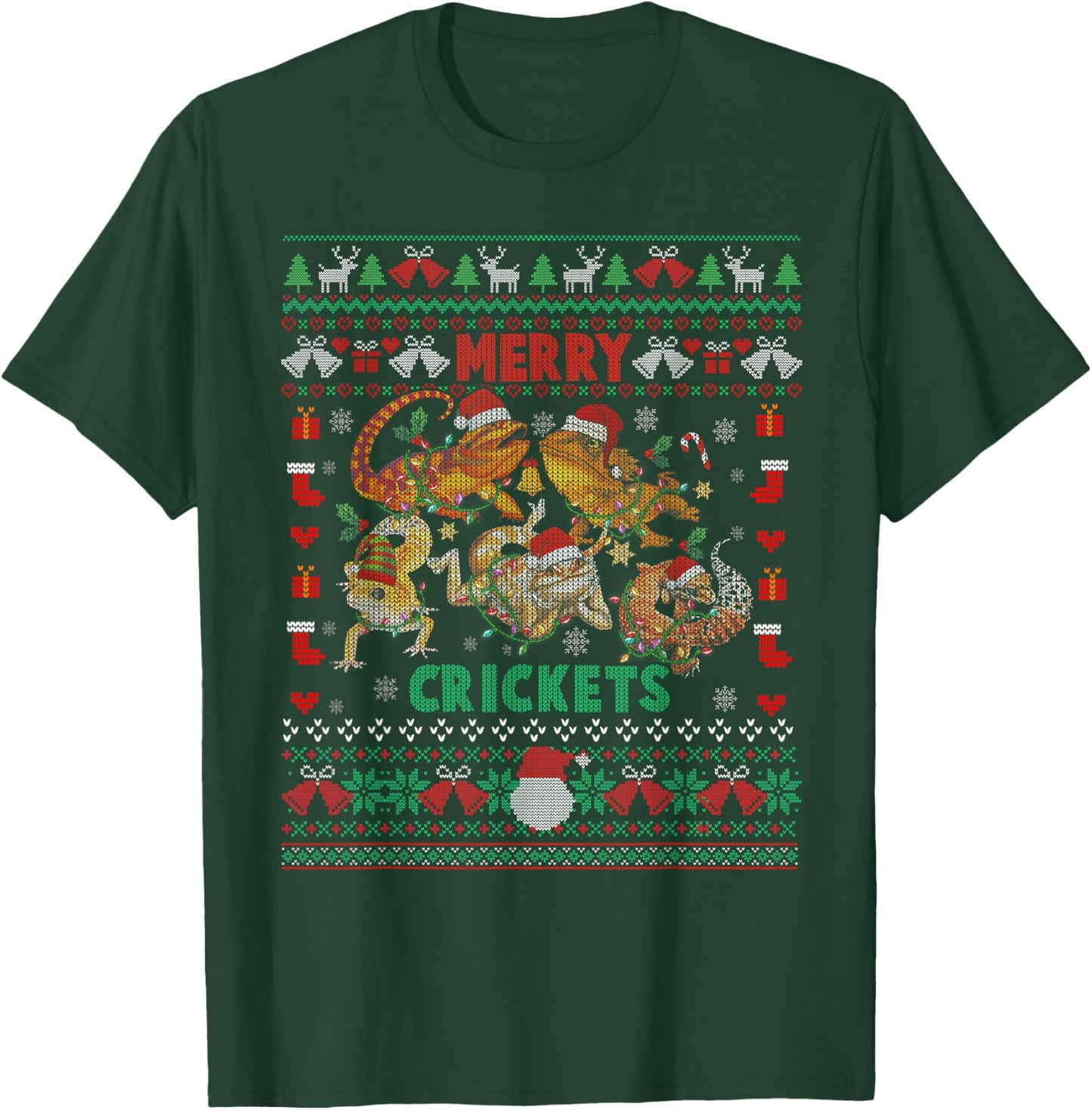 Merry Crickets Bearded Dragon Ugly Christmas Sweater T-Shirt - T-Shirt | Forest