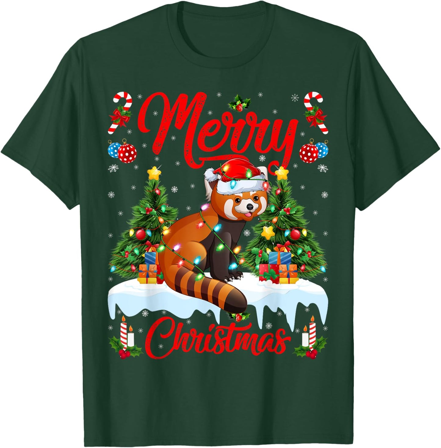Red Panda Lover Xmas Lighting Santa Hat Red Panda Christmas T-Shirt - T-Shirt | Forest