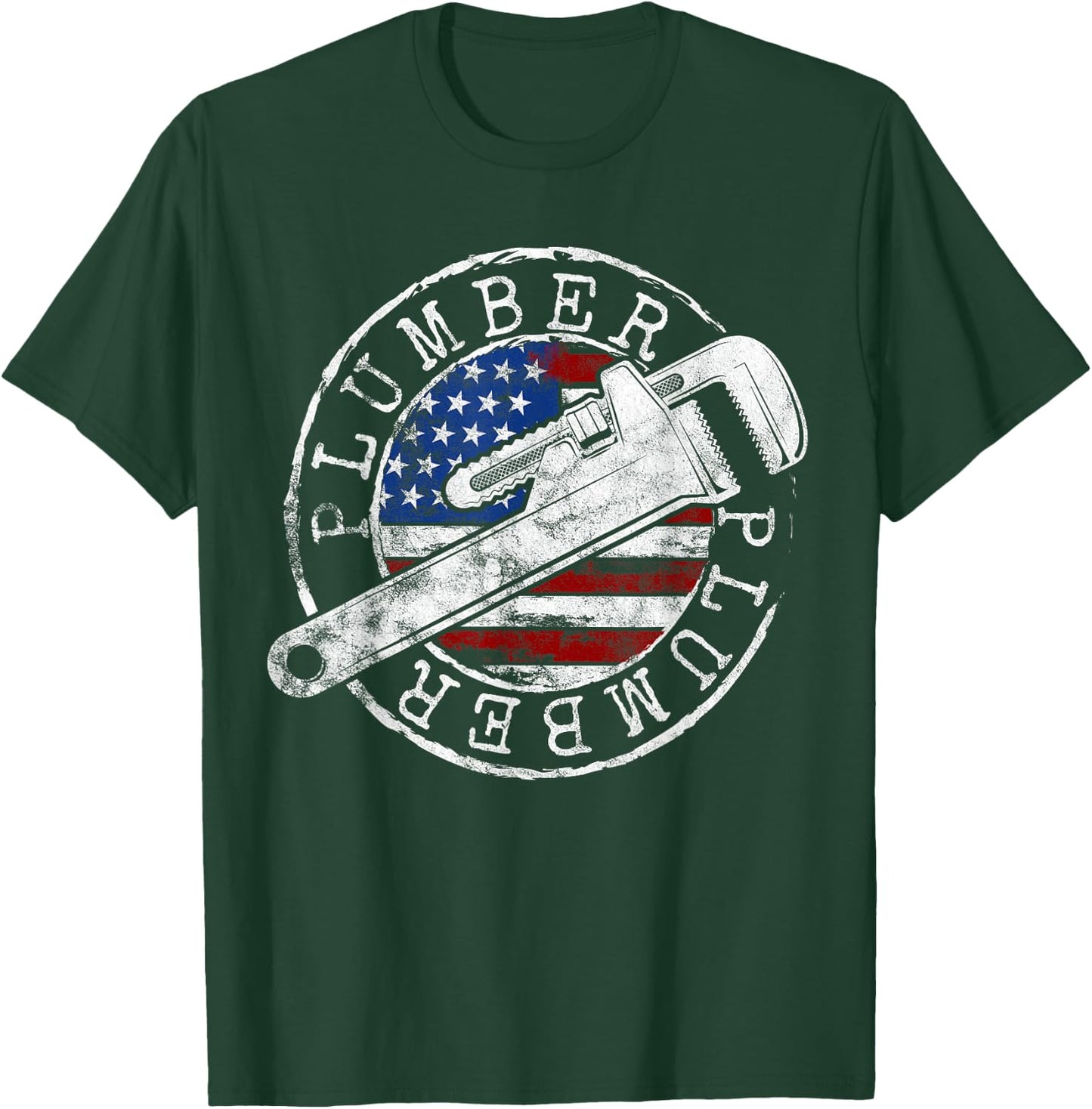 Plumber American Flag Plumbing Gift Usa Patriot Stamp Style T-Shirt - T-Shirt | Forest