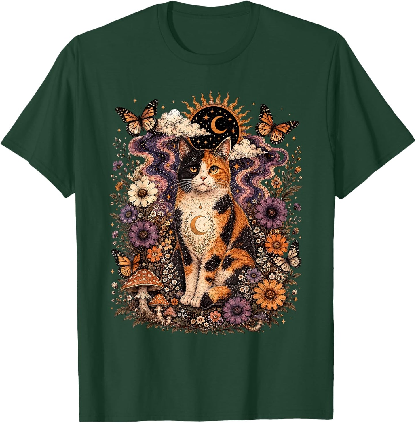 Calico Cat Floral Mushrooms Butterflies Sun Moon Mystical T-Shirt - T-Shirt | Forest