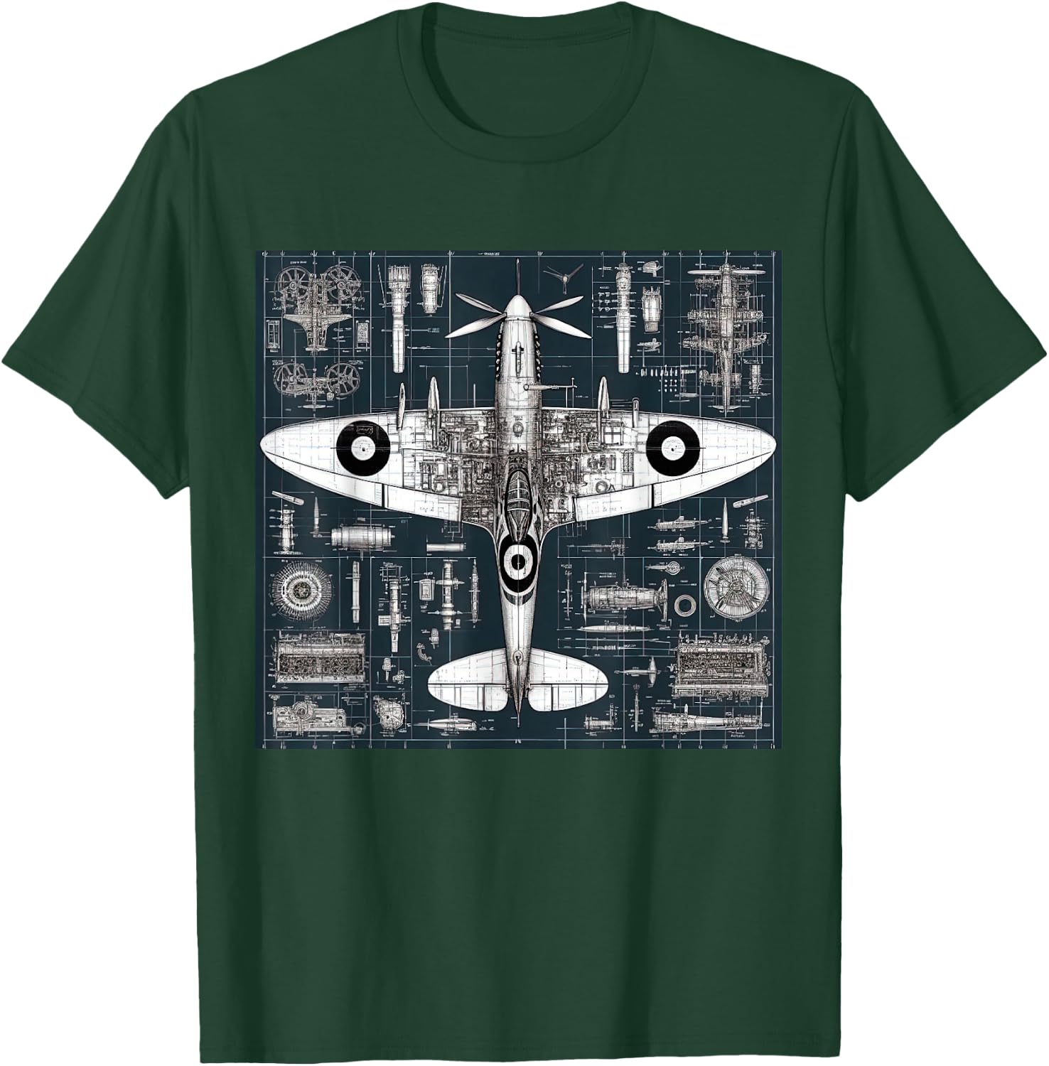 WW2 Warplane Spitfire Anatomy Assembly Parts Blueprint T-Shirt - T-Shirt | Forest