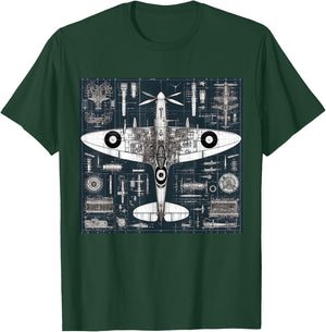 WW2 Warplane Spitfire Anatomy Assembly Parts Blueprint T-Shirt - T-Shirt | Forest