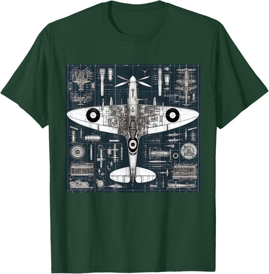 WW2 Warplane Spitfire Anatomy Assembly Parts Blueprint T-Shirt - T-Shirt | Forest