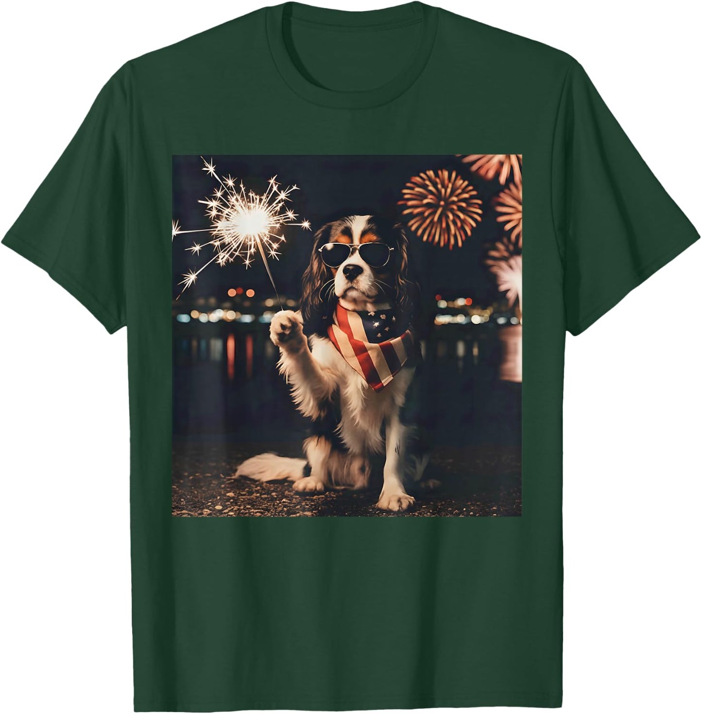Patriotic Cavalier King Charles Spaniel Fireworks 4th July T-Shirt - T-Shirt | Forest