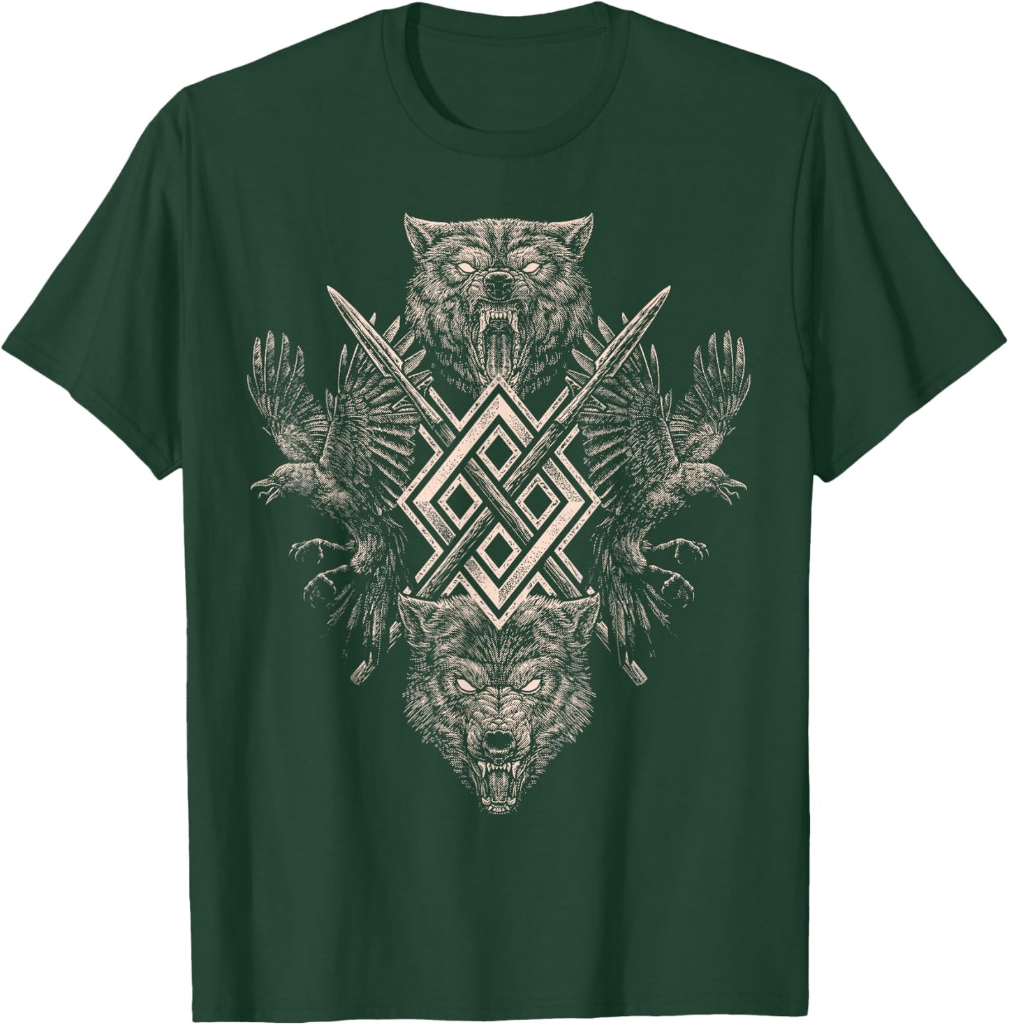Norse Viking Wolf Raven of Odin with Pagan Gungnir Symbol T-Shirt - T-Shirt | Forest