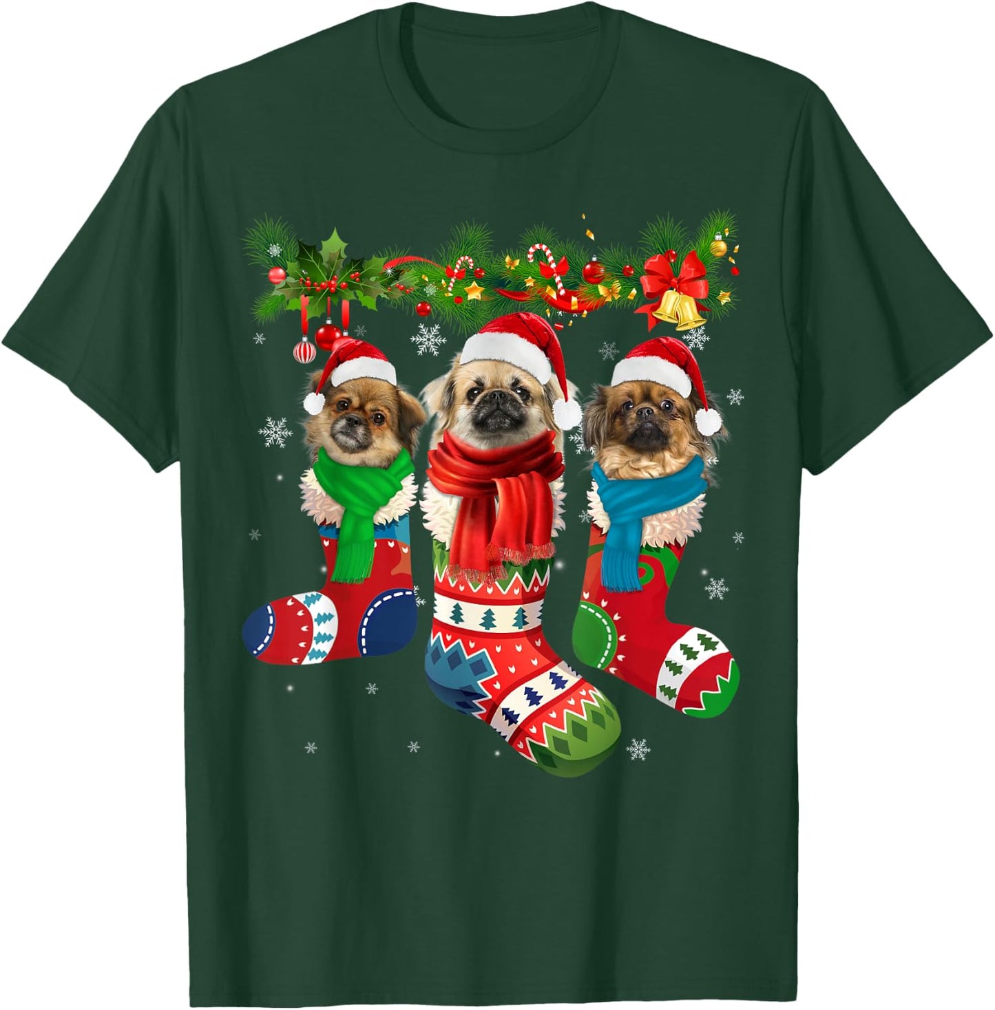 Three Tibetan spaniels In Christmas Socks T-Shirt - T-Shirt | Forest