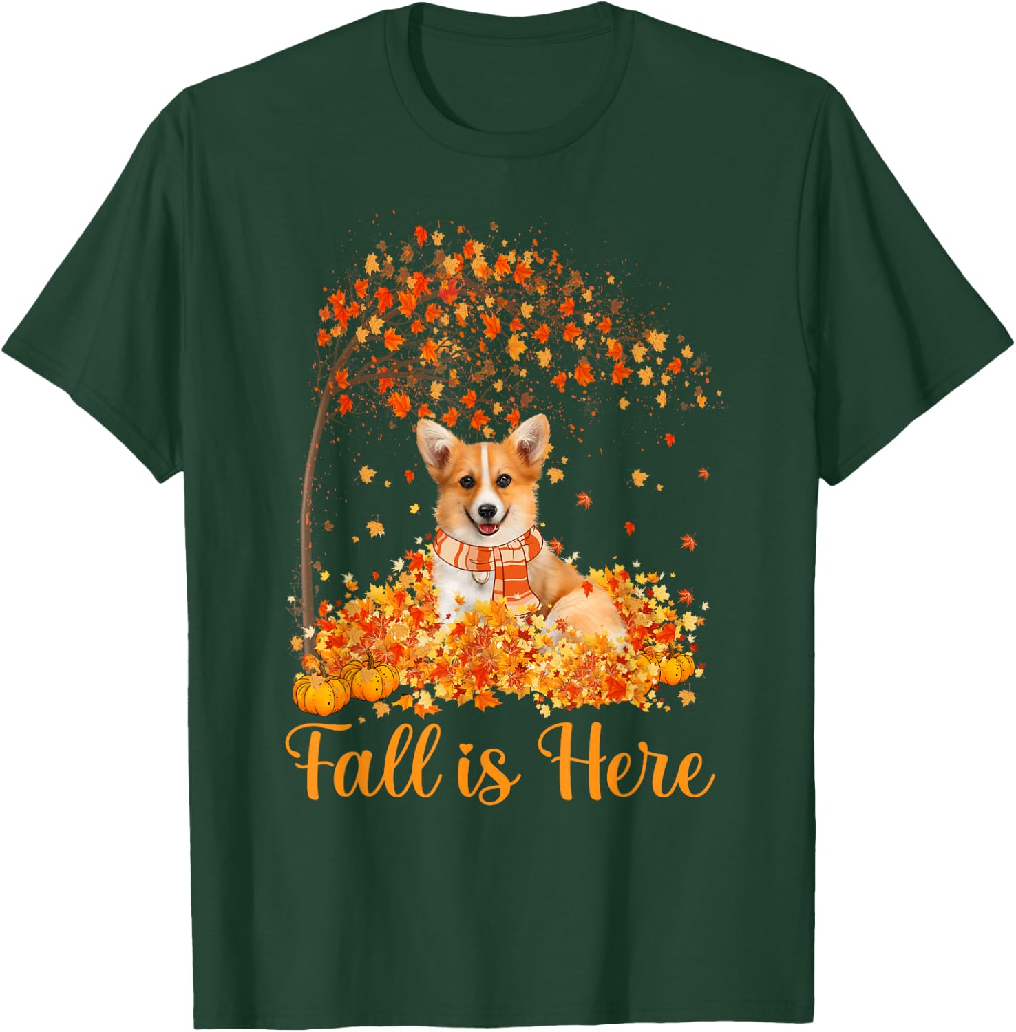 Fall Is Here Corgi Jumping On Autumn Leaf Pumpkin Dog Lovers T-Shirt - T-Shirt | Forest