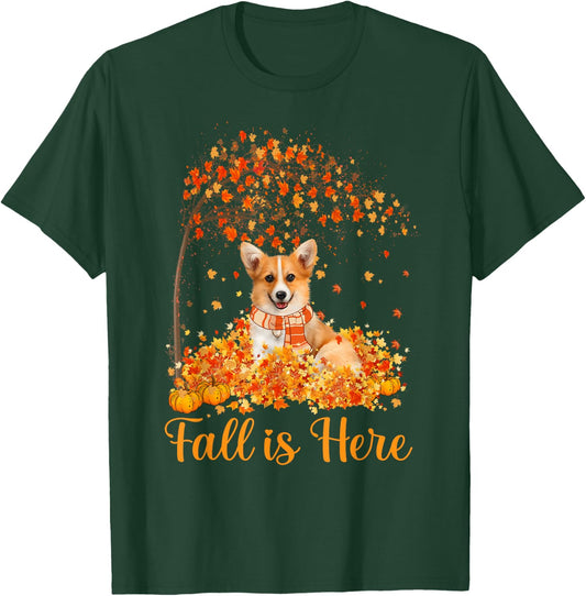 Fall Is Here Corgi Jumping On Autumn Leaf Pumpkin Dog Lovers T-Shirt - T-Shirt | Forest