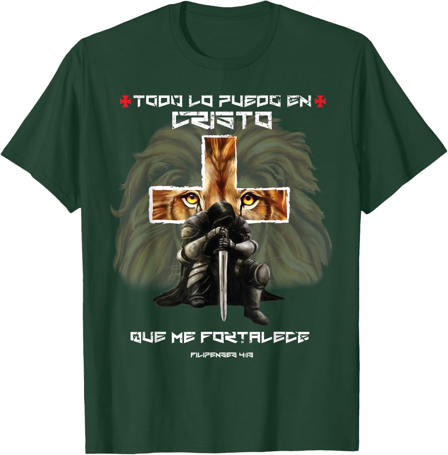 Español Spanish Christian Gifts Cross Lion Filipenses 4:13 T-Shirt - T-Shirt | Forest