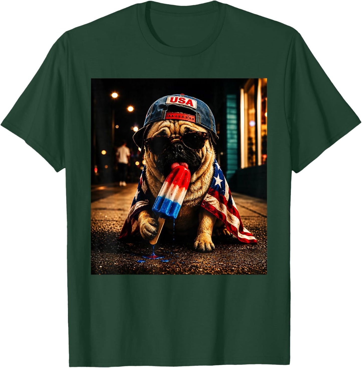 Patriotic Pug Dog with American Flag and Popsicle Art T-Shirt - T-Shirt | Forest