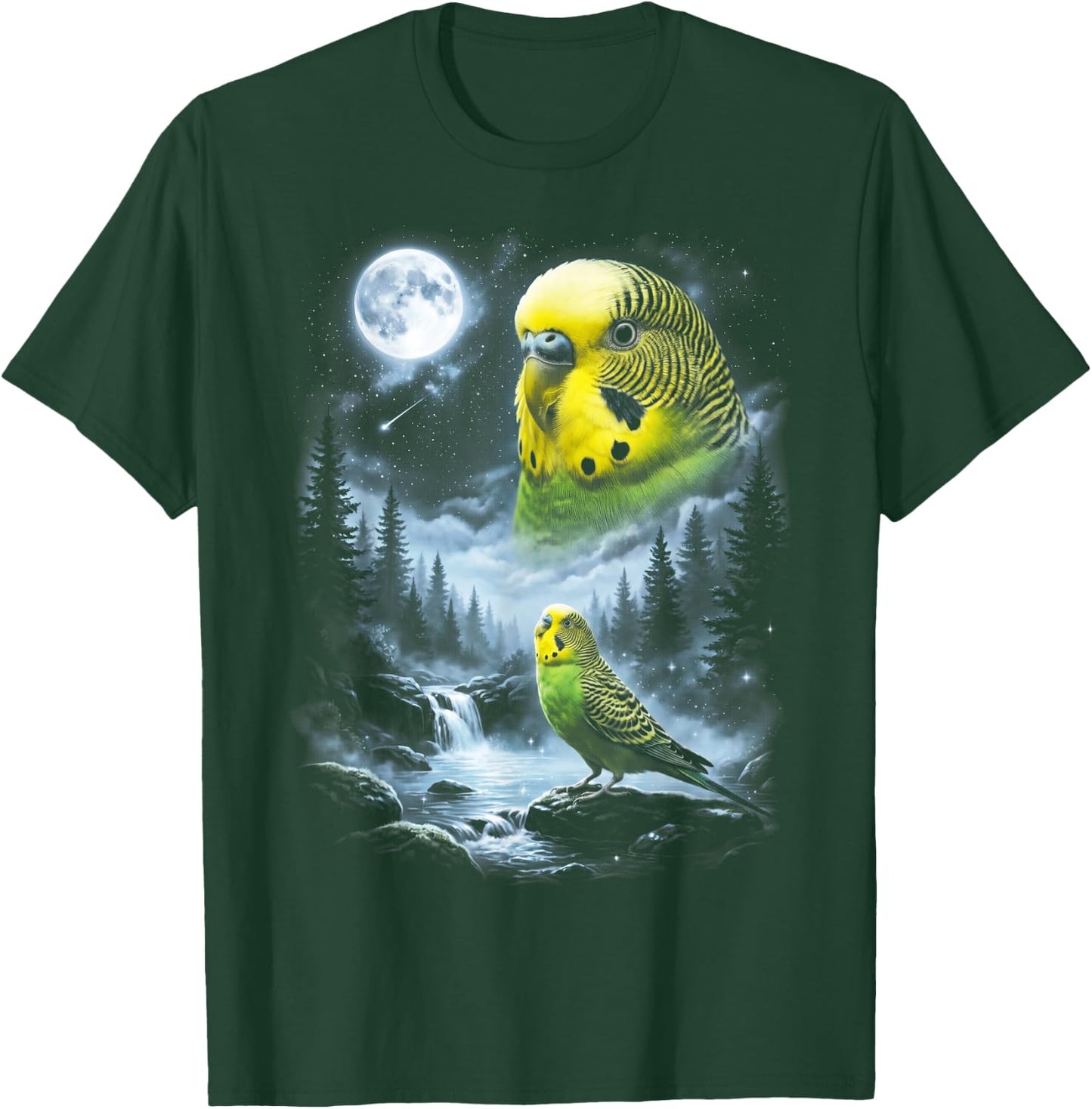 Budgie Parakeet Howling at Moon 90's Retro Bird T-Shirt - T-Shirt | Forest