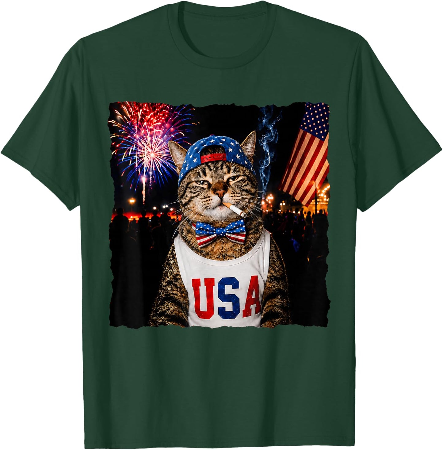Patriotic Smoking Cat Funny 4th of July USA Flag Cat Lover T-Shirt - T-Shirt | Forest