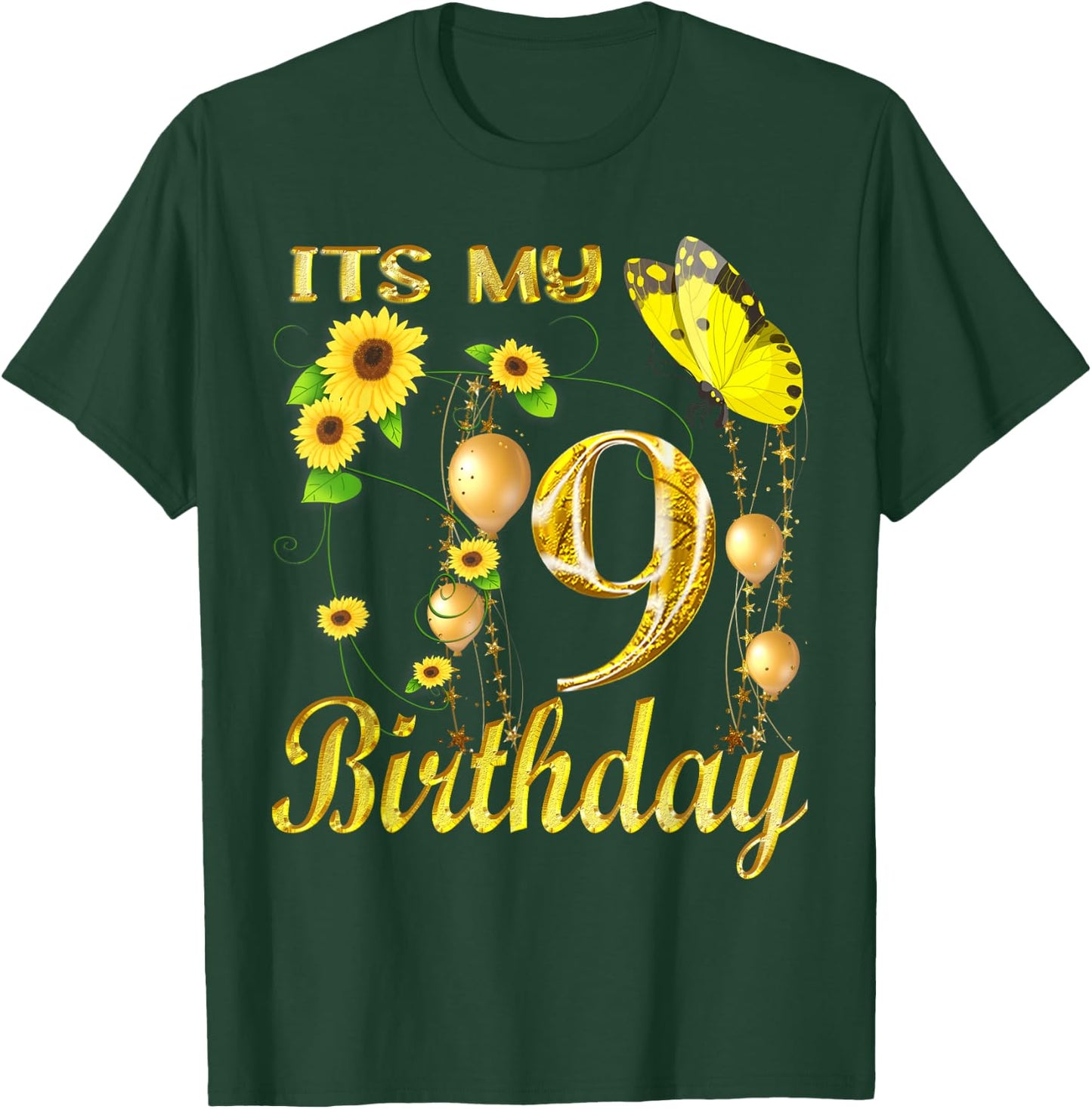 Its My 9th Birthday 9 Year Old Girl Sunflower Butterfly T-Shirt - T-Shirt | Forest