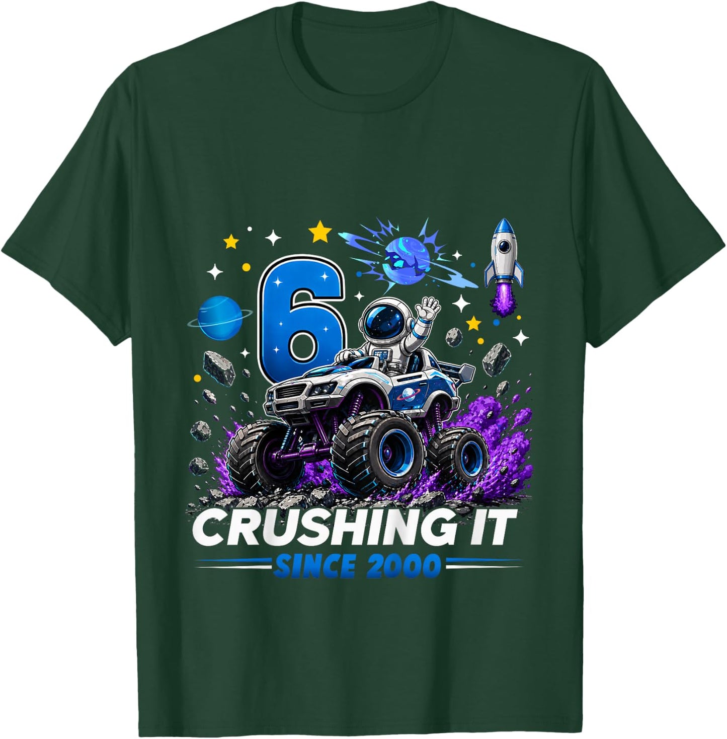 Kids 6th Birthday Monster Truck Astronaut 6 Year Old Boys Kids T-Shirt - T-Shirt | Forest