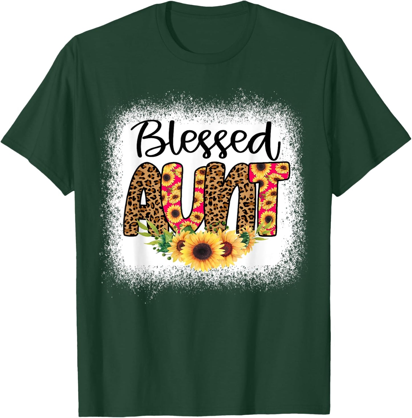 Blessed Aunt Women Bleached Cheetah Print Sunflowers Auntie T-Shirt - T-Shirt | Forest