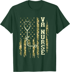 VA Nurse Camouflage American Flag Patriotic Medical Worker T-Shirt - T-Shirt | Forest